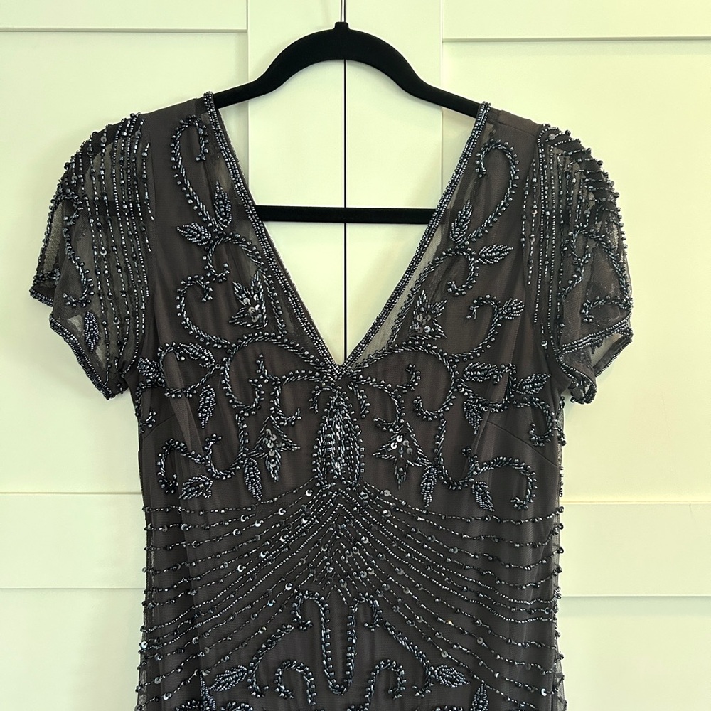 Pisarro Nights Beaded Mesh Column Gown - Blue - Size 10
